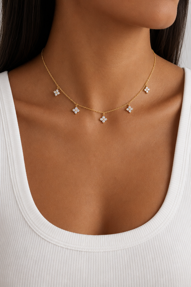 Crystal Flower Charm Choker Necklace
