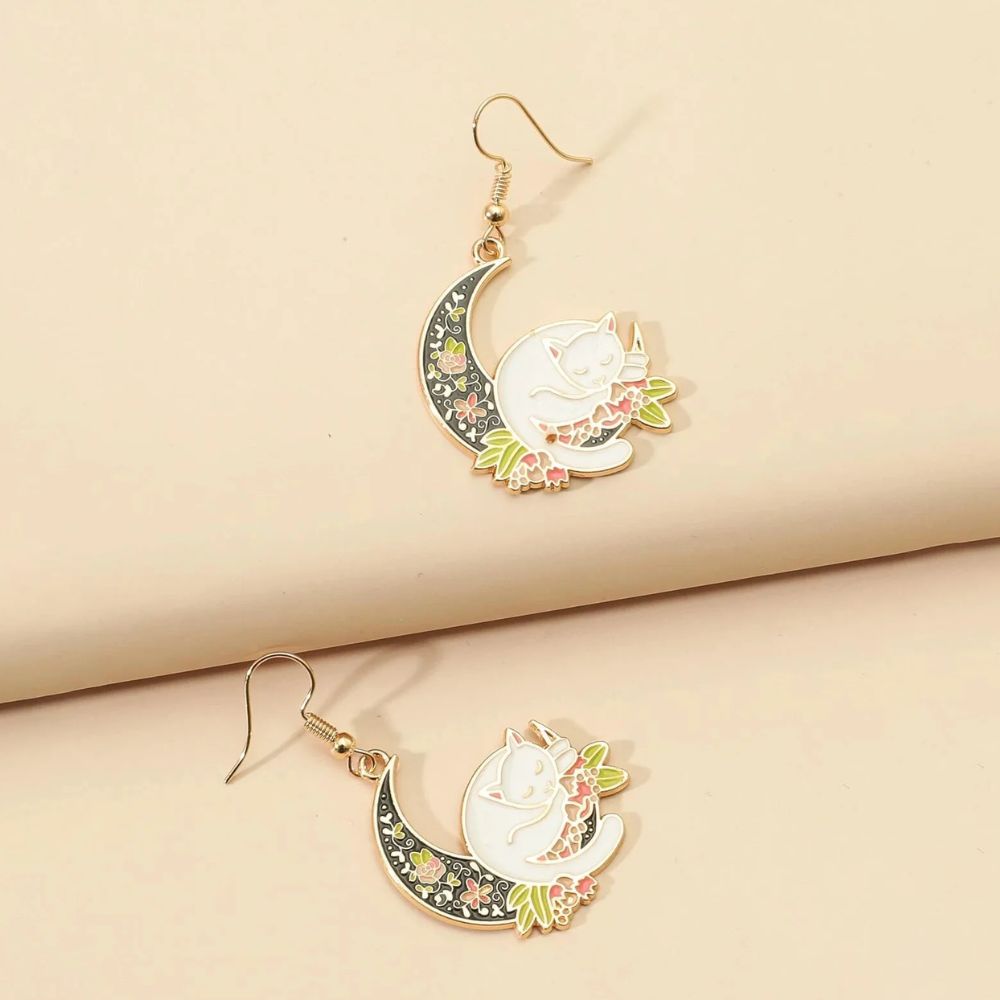 CAT ON THE MOON EARRINGS (PAIR)