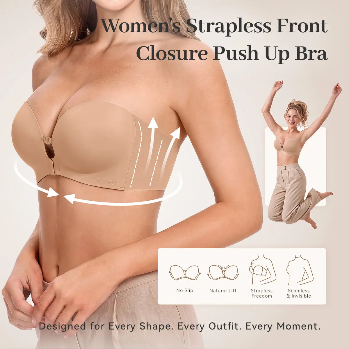 Front-Closure Push-Up Strapless Bra