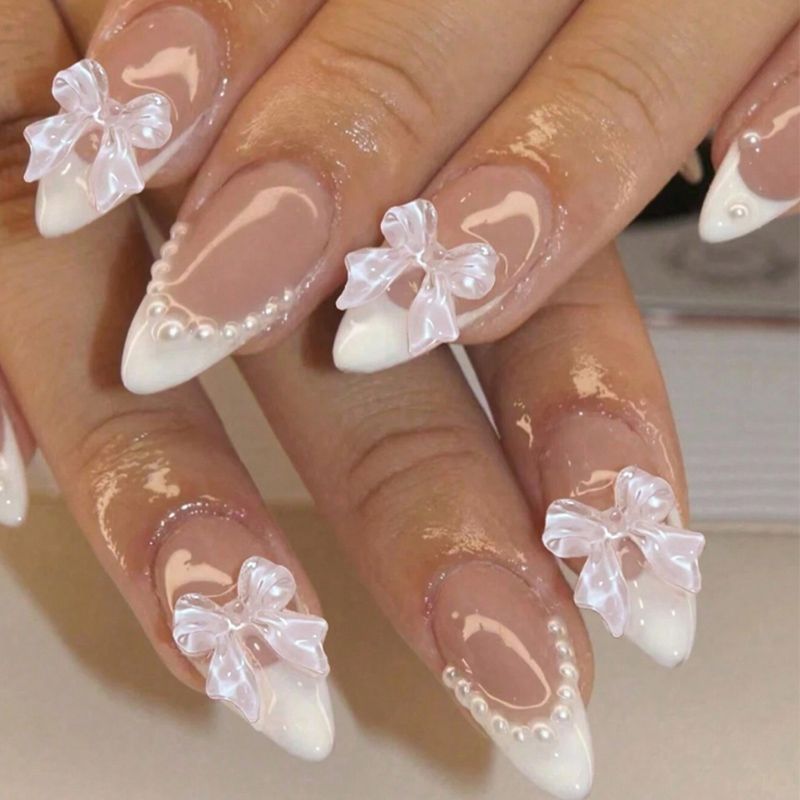 Almond bow press on nails