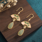 Ancient gold-plated enamel palace fan Hetian jade Earrings