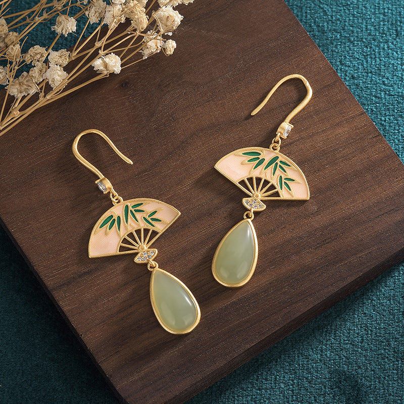 Ancient gold-plated enamel palace fan Hetian jade Earrings