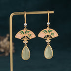 Ancient gold-plated enamel palace fan Hetian jade Earrings