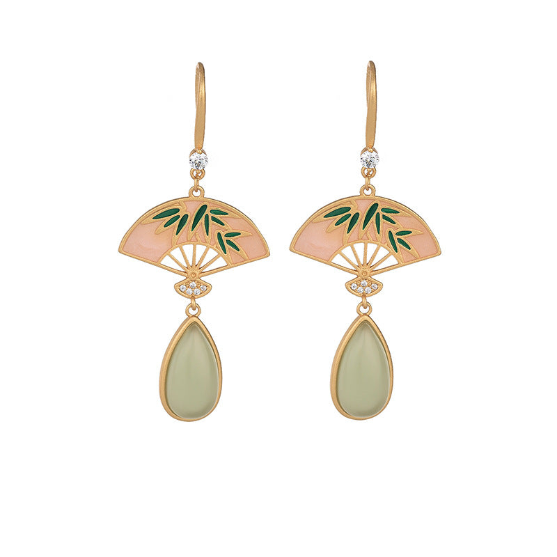 Ancient gold-plated enamel palace fan Hetian jade Earrings