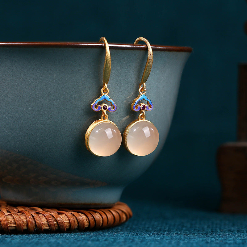 Auspicious clouds Gold-plated retro burnt blue natural chalcedony earrings