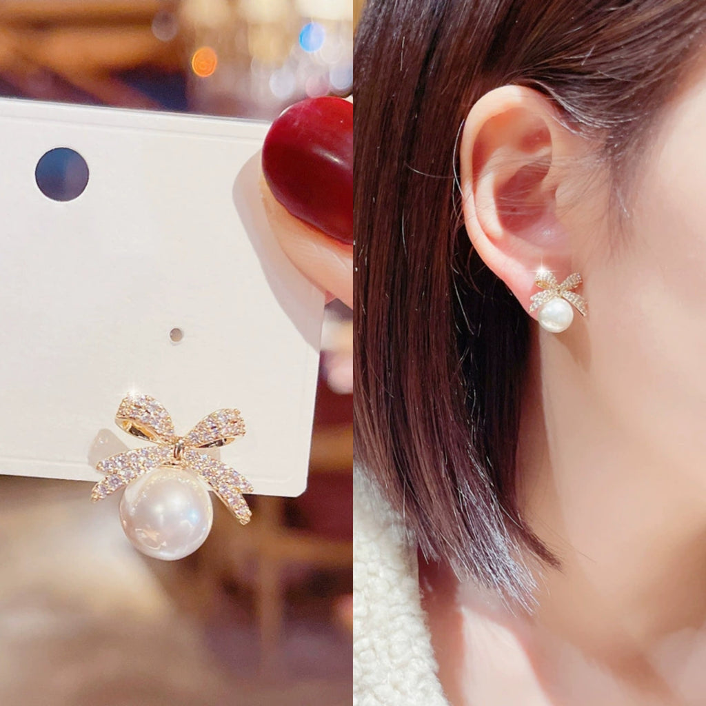 Bow glitter diamond earrings