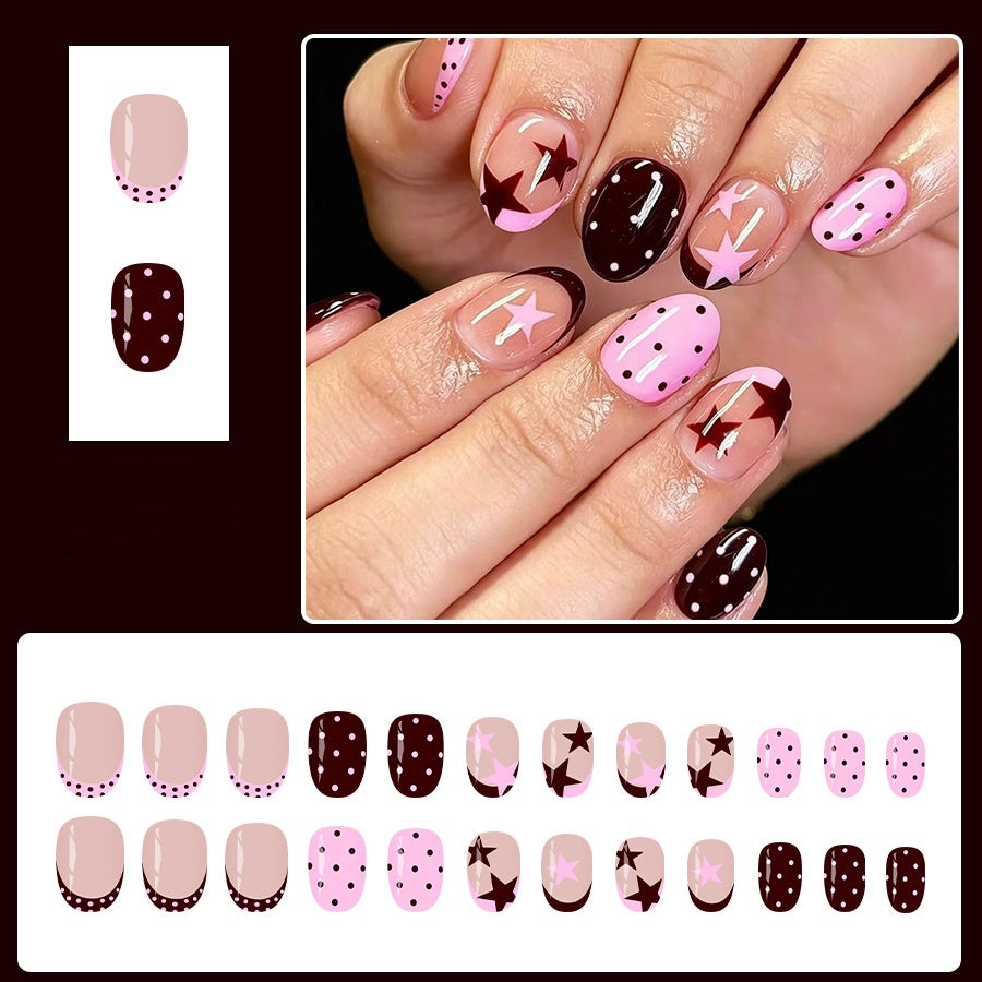 Brown French star polka dots press on nails