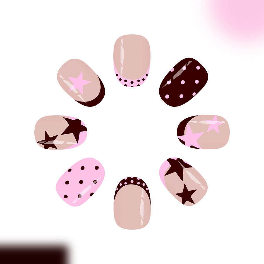 Brown French star polka dots press on nails