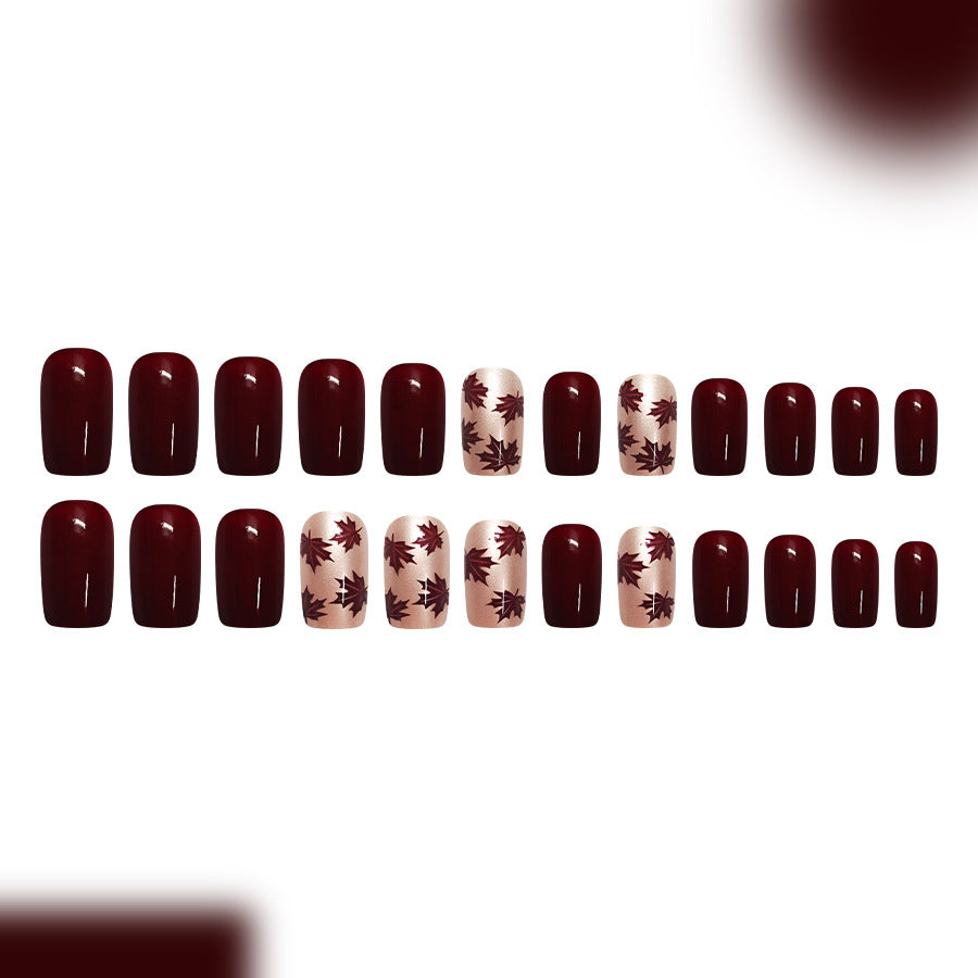 Burgundy maple leaf pearlescent press on nails