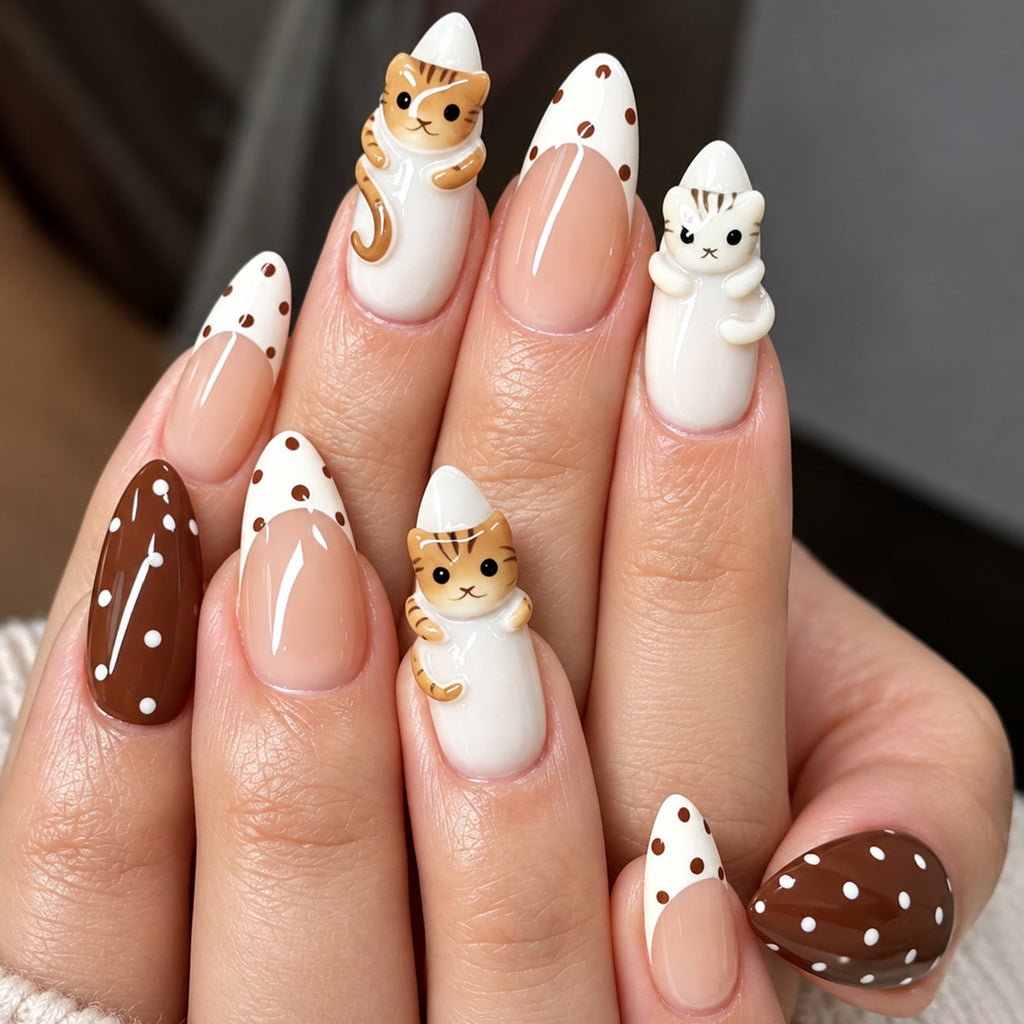 Cat milky coffee polka dots press on nails