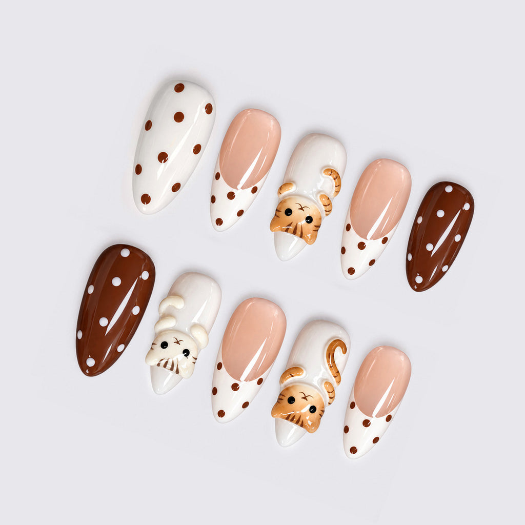 Cat milky coffee polka dots press on nails
