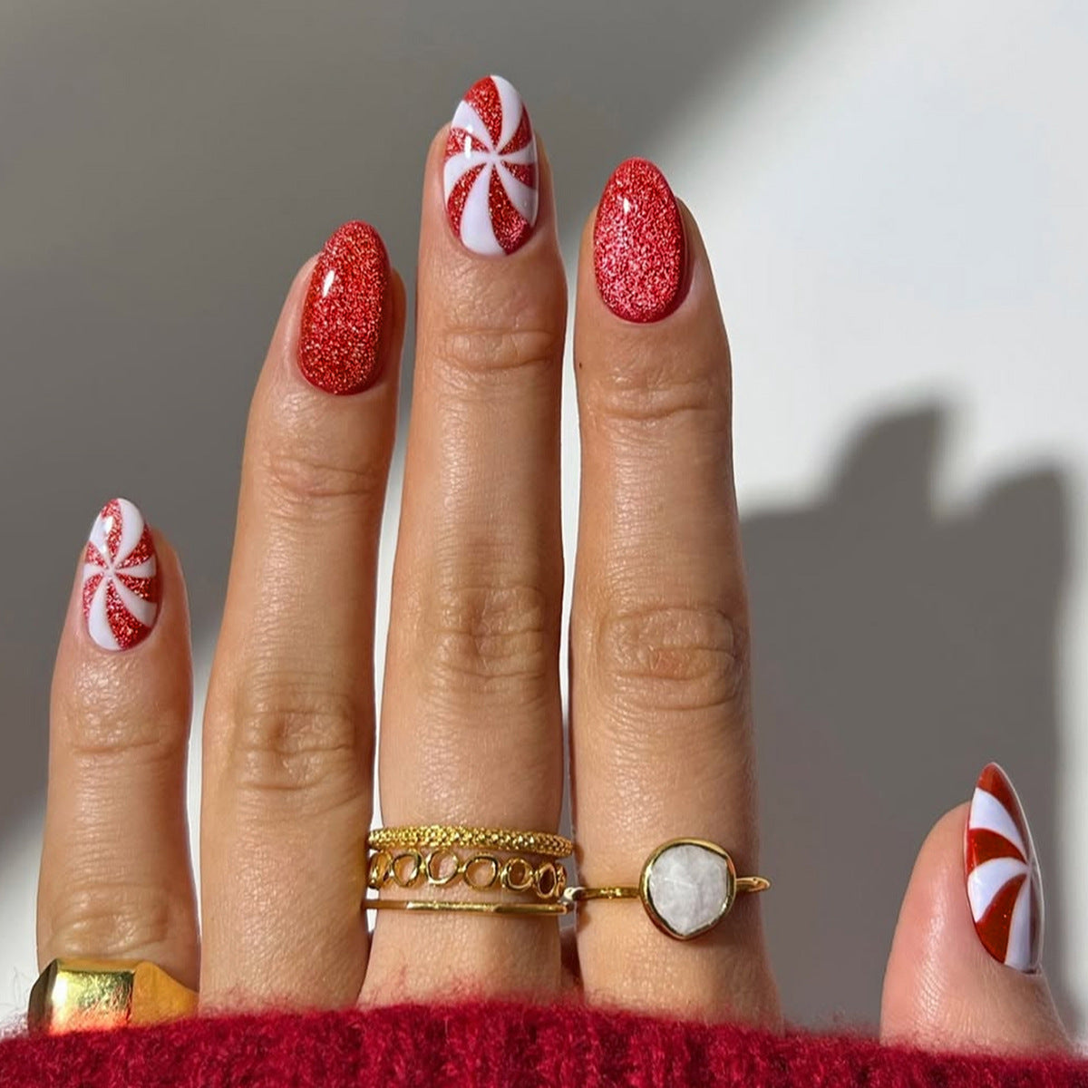 Weihnachten rot weiß Bonbon Cat Eye Glitzer Mandeln Press-on Nägel