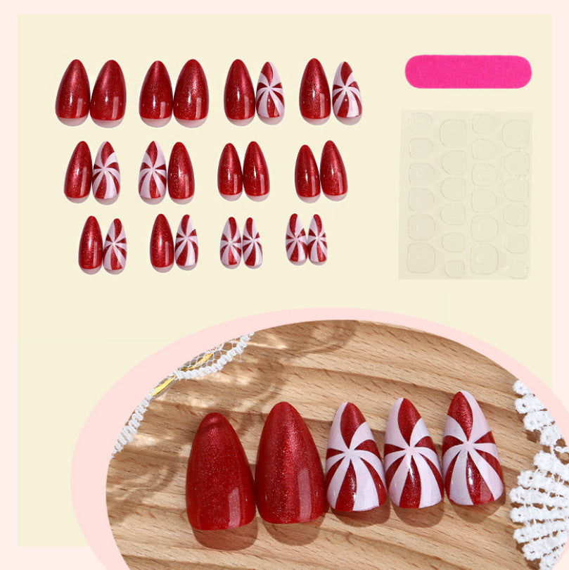 Weihnachten rot weiß Bonbon Cat Eye Glitzer Mandeln Press-on Nägel