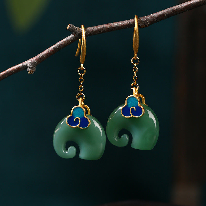 Cold enamel plated Xiangyun elephant Hetian jade earrings