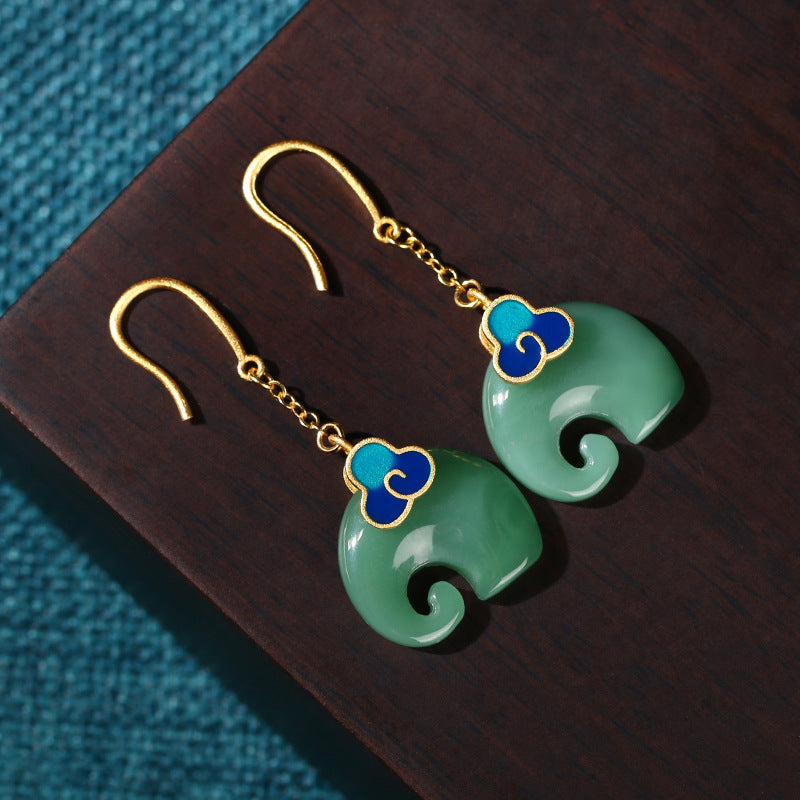 Cold enamel plated Xiangyun elephant Hetian jade earrings