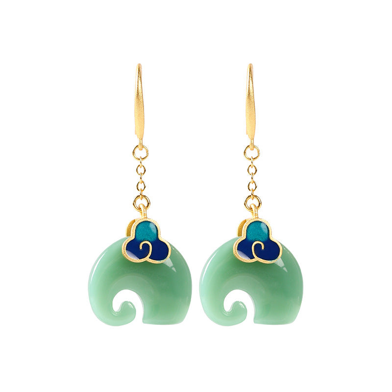 Cold enamel plated Xiangyun elephant Hetian jade earrings