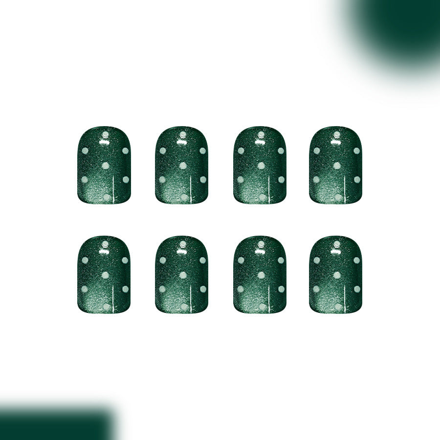 Dark green cat eye with white polka dots press on nails