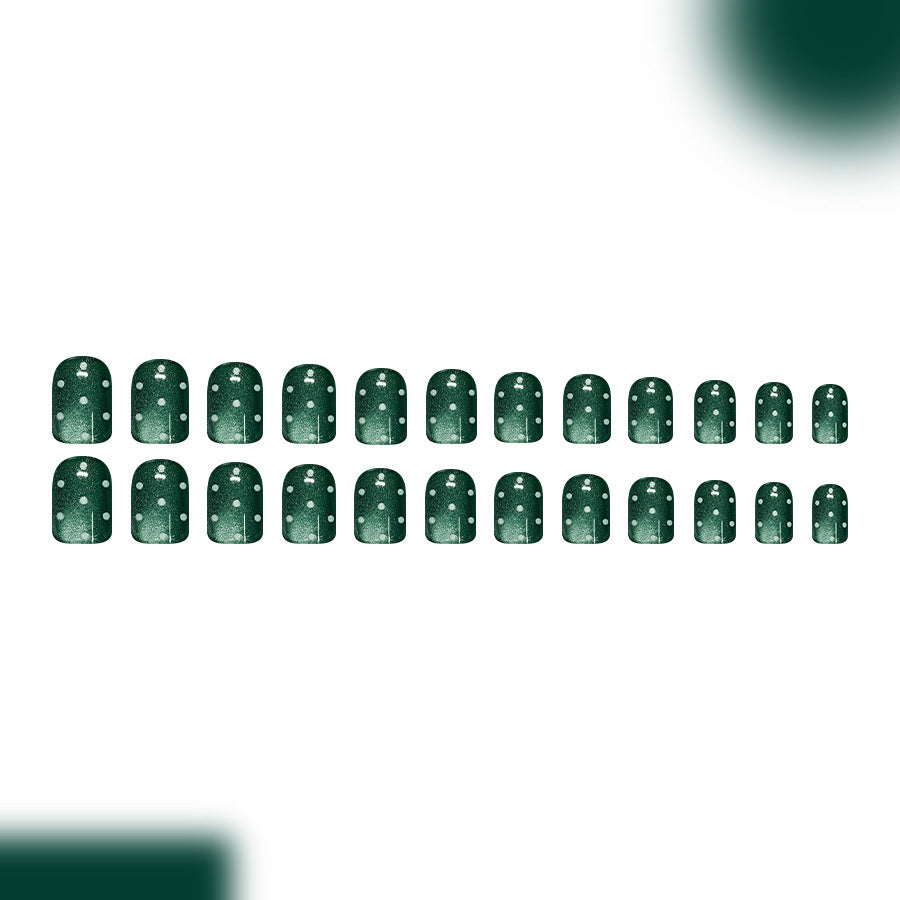 Dark green cat eye with white polka dots press on nails