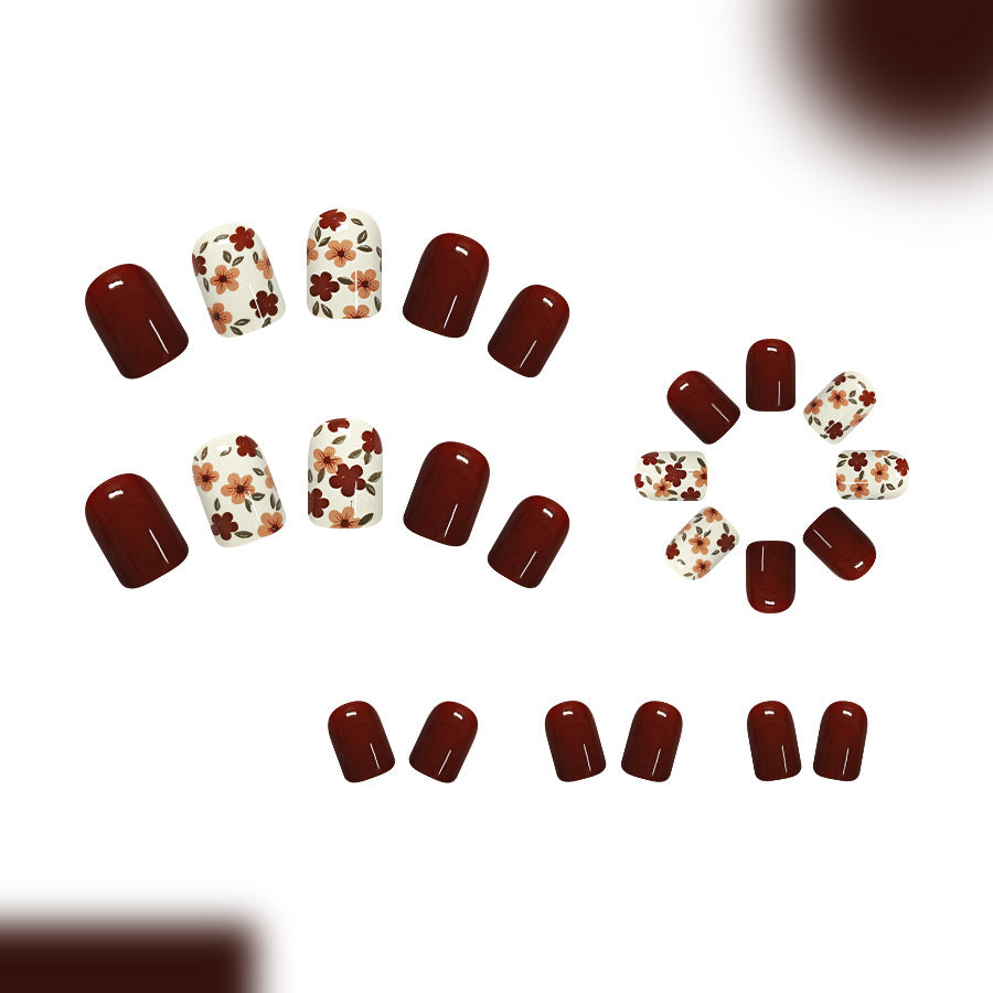 Deep coffee-colored sweet small floral prints press on nails