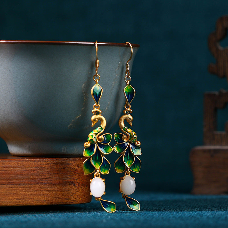 Enamel Gradient Craft Peacock Jade Ancient Style Earrings