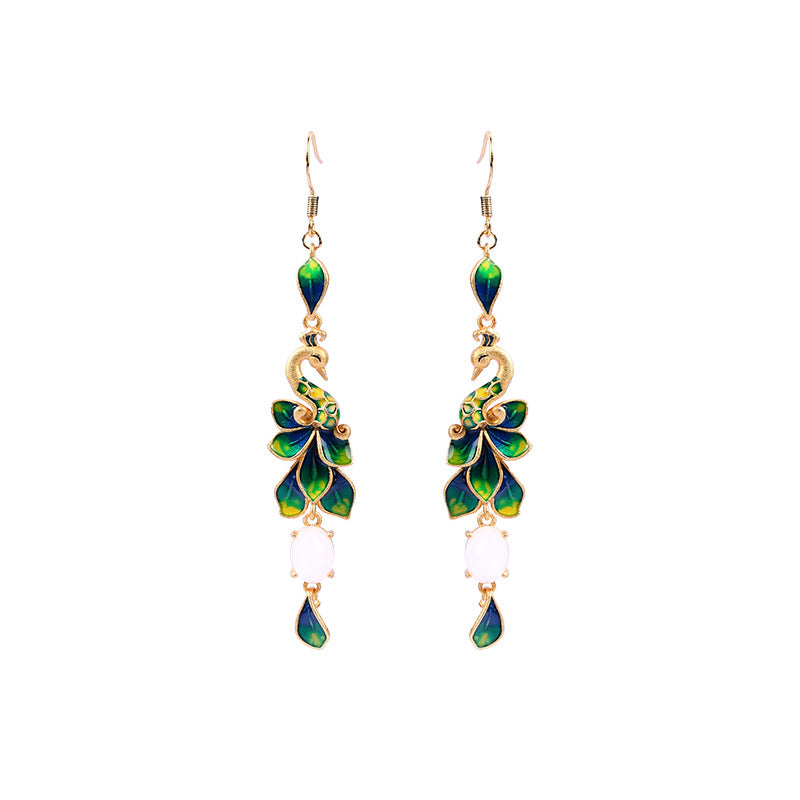 Enamel Gradient Craft Peacock Jade Ancient Style Earrings