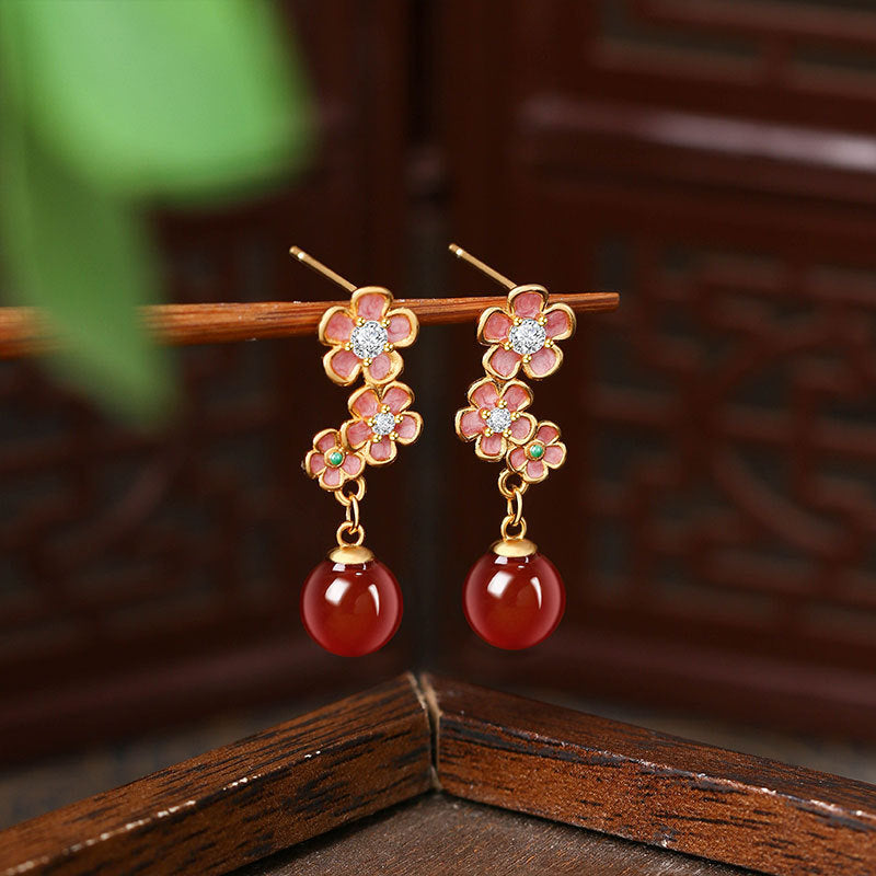 Enamel peach blossom imitation jade earrings