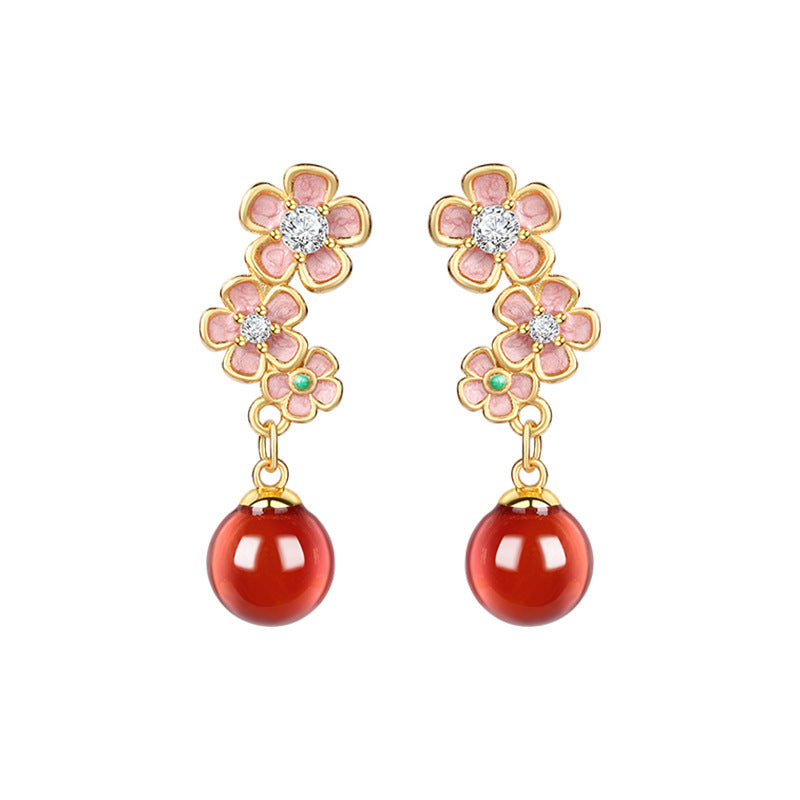 Enamel peach blossom imitation jade earrings