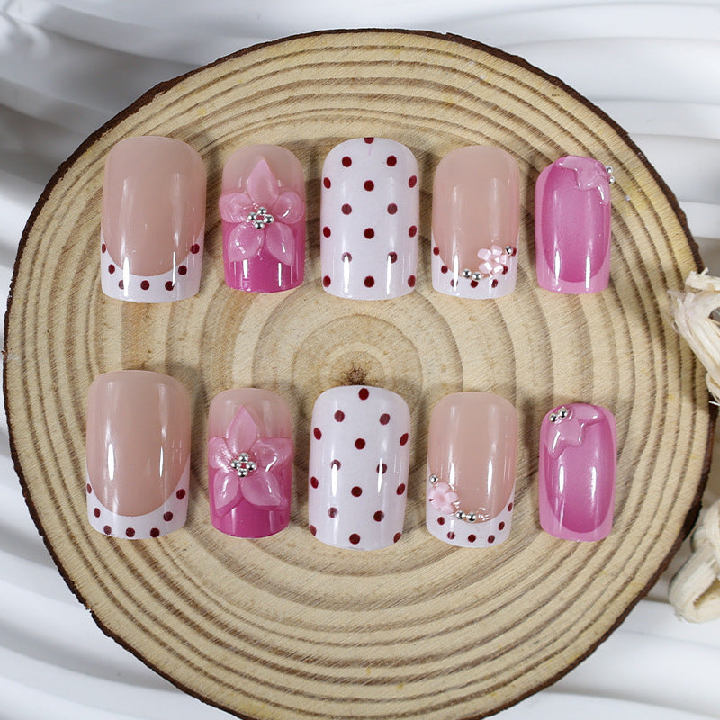 Flower French polka dots press on nails