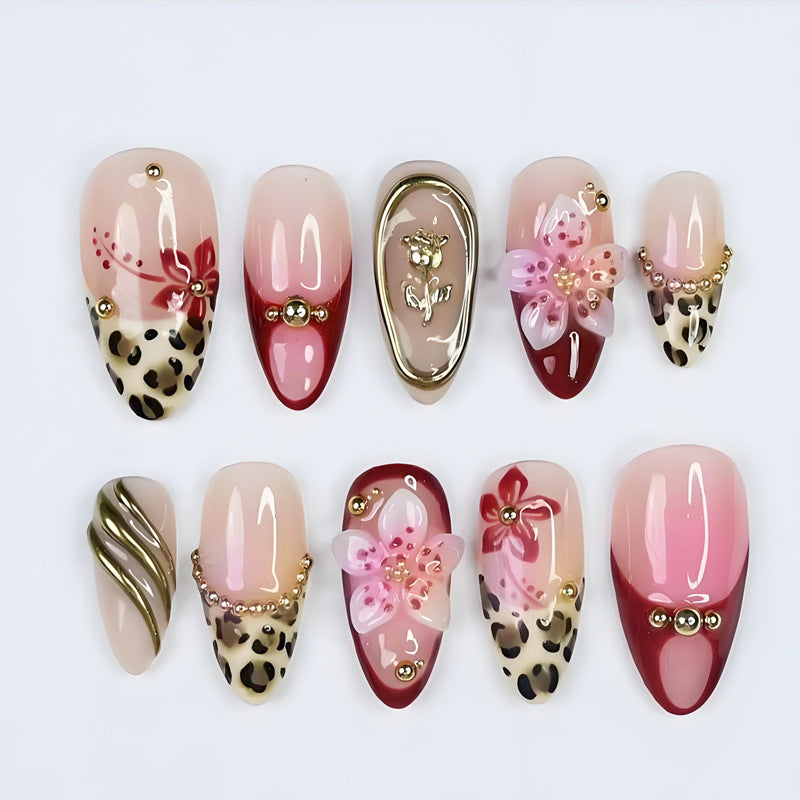 Flower leopard print diamonds press on nails