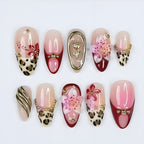 Flower leopard print diamonds press on nails