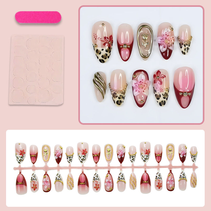Flower leopard print diamonds press on nails