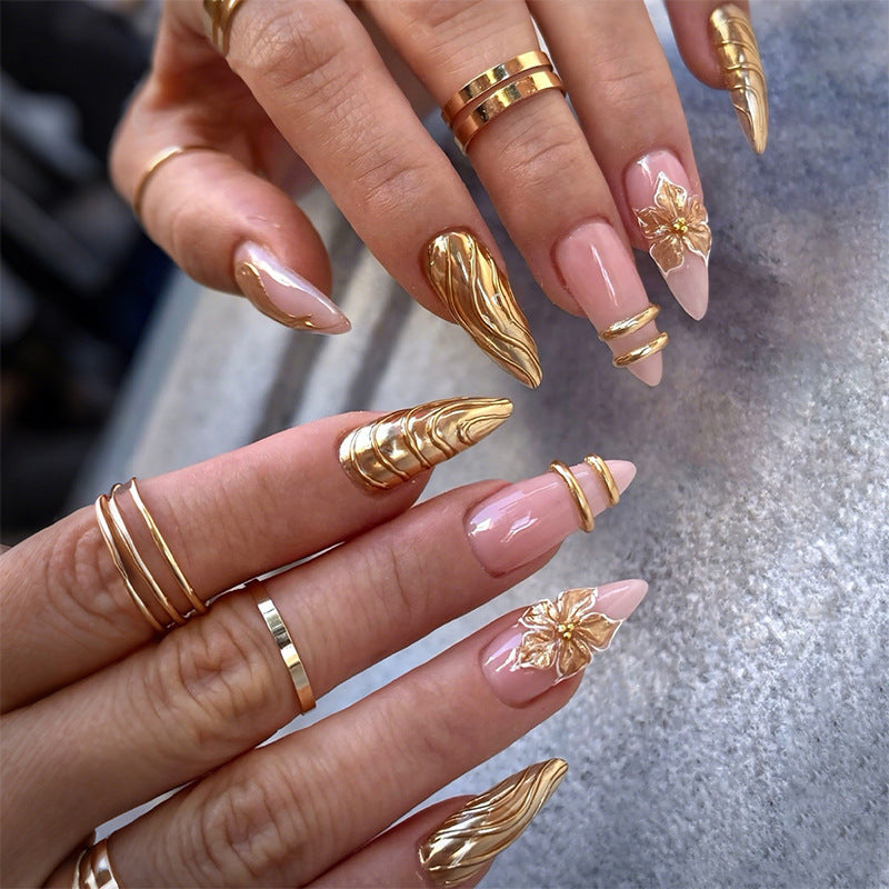 Golden flower wave press on nails