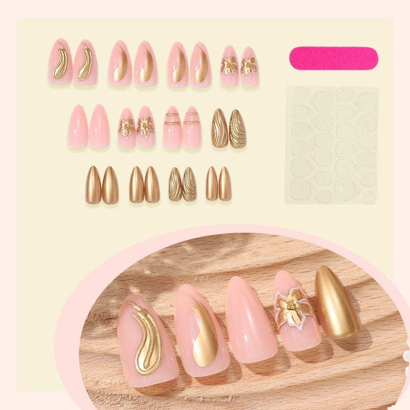 Golden flower wave press on nails
