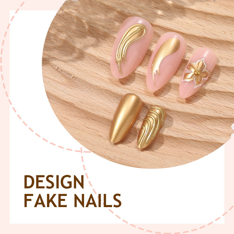 Golden flower wave press on nails