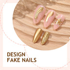 Golden flower wave press on nails