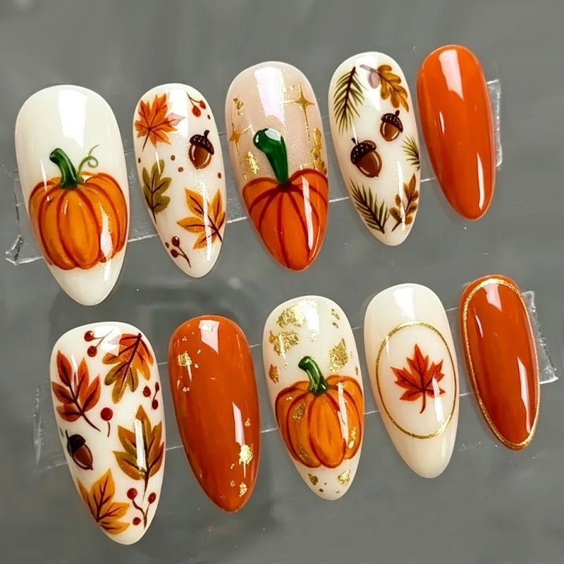 Halloween pumpkin maple leaves press on nails