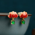 Hetian jade enamel Lucky lotus-shaped stud earrings