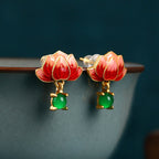 Hetian jade enamel Lucky lotus-shaped stud earrings