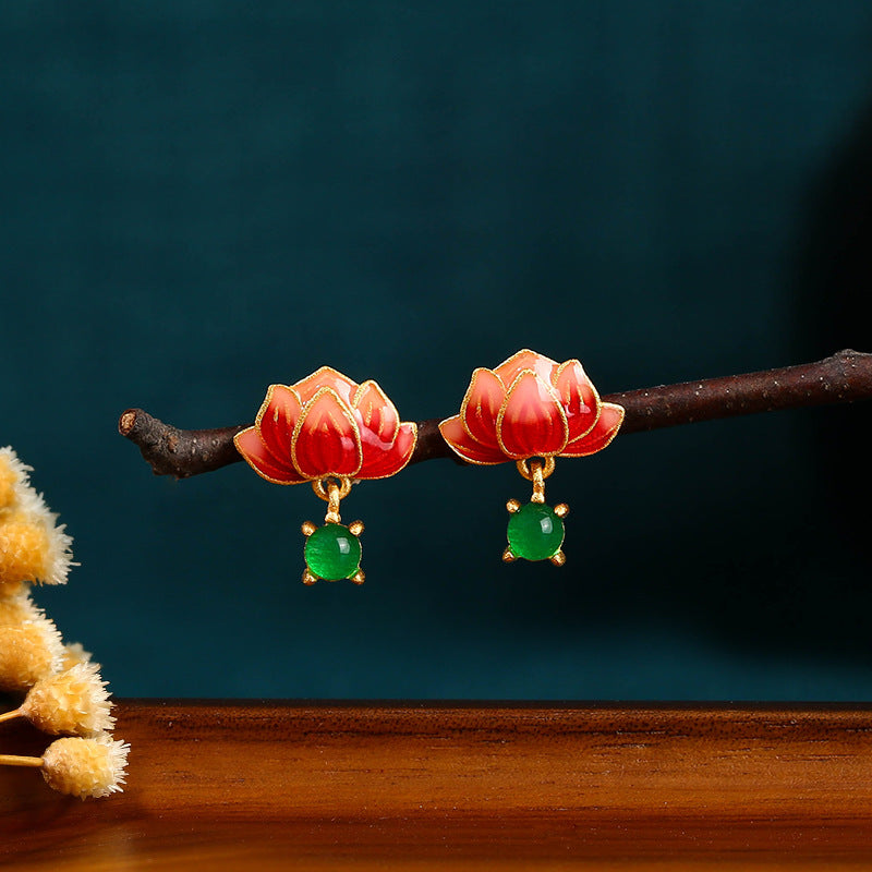 Hetian jade enamel Lucky lotus-shaped stud earrings
