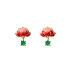 Hetian jade enamel Lucky lotus-shaped stud earrings