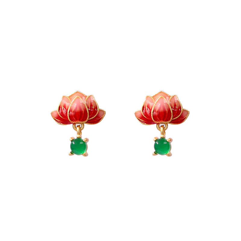 Hetian jade enamel Lucky lotus-shaped stud earrings