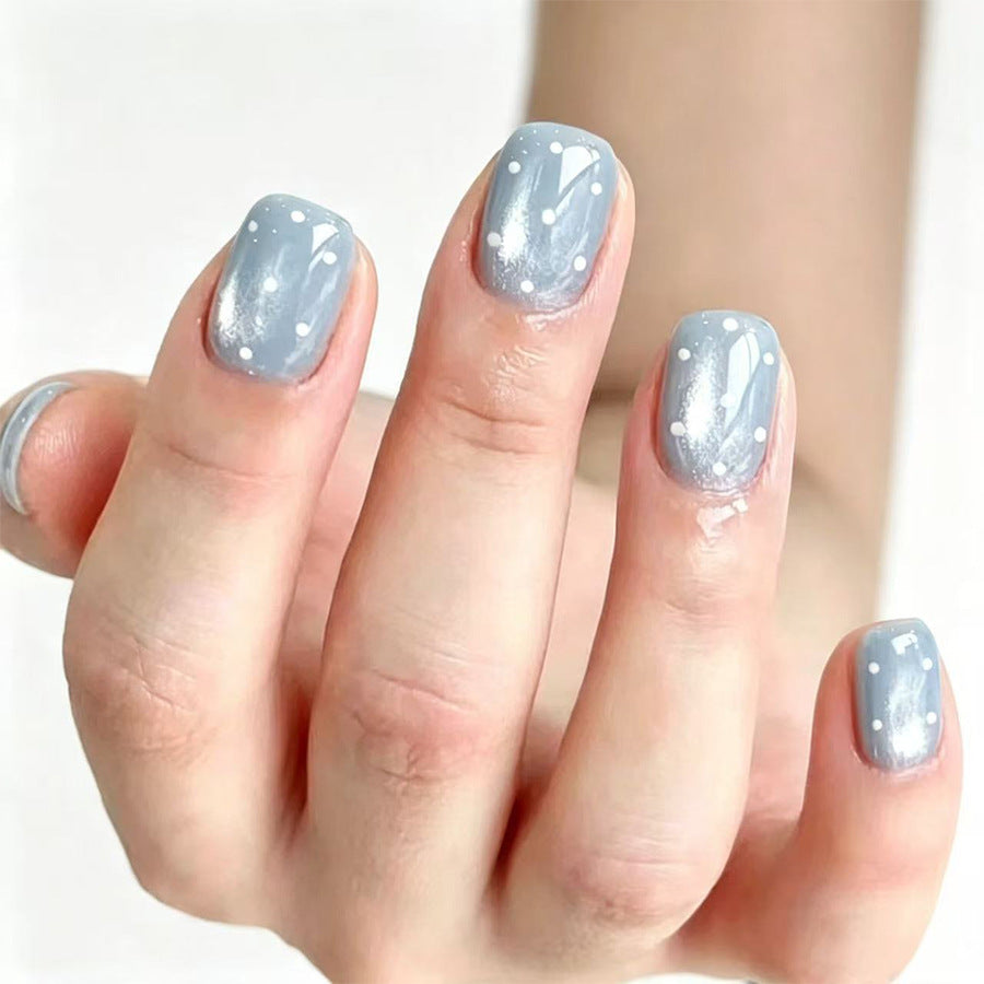 Ice blue cat eyes white polka dots press on nails