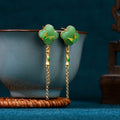 Jade enamel tassel four-leaf clover Bamboo studs Earrings