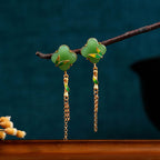 Jade enamel tassel four-leaf clover Bamboo studs Earrings