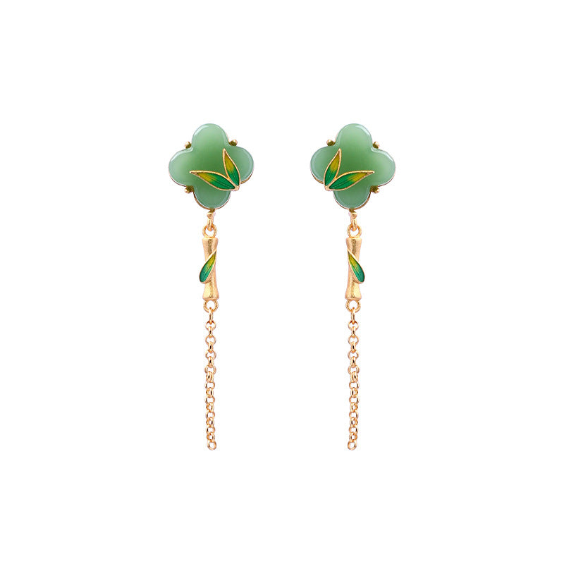 Jade enamel tassel four-leaf clover Bamboo studs Earrings