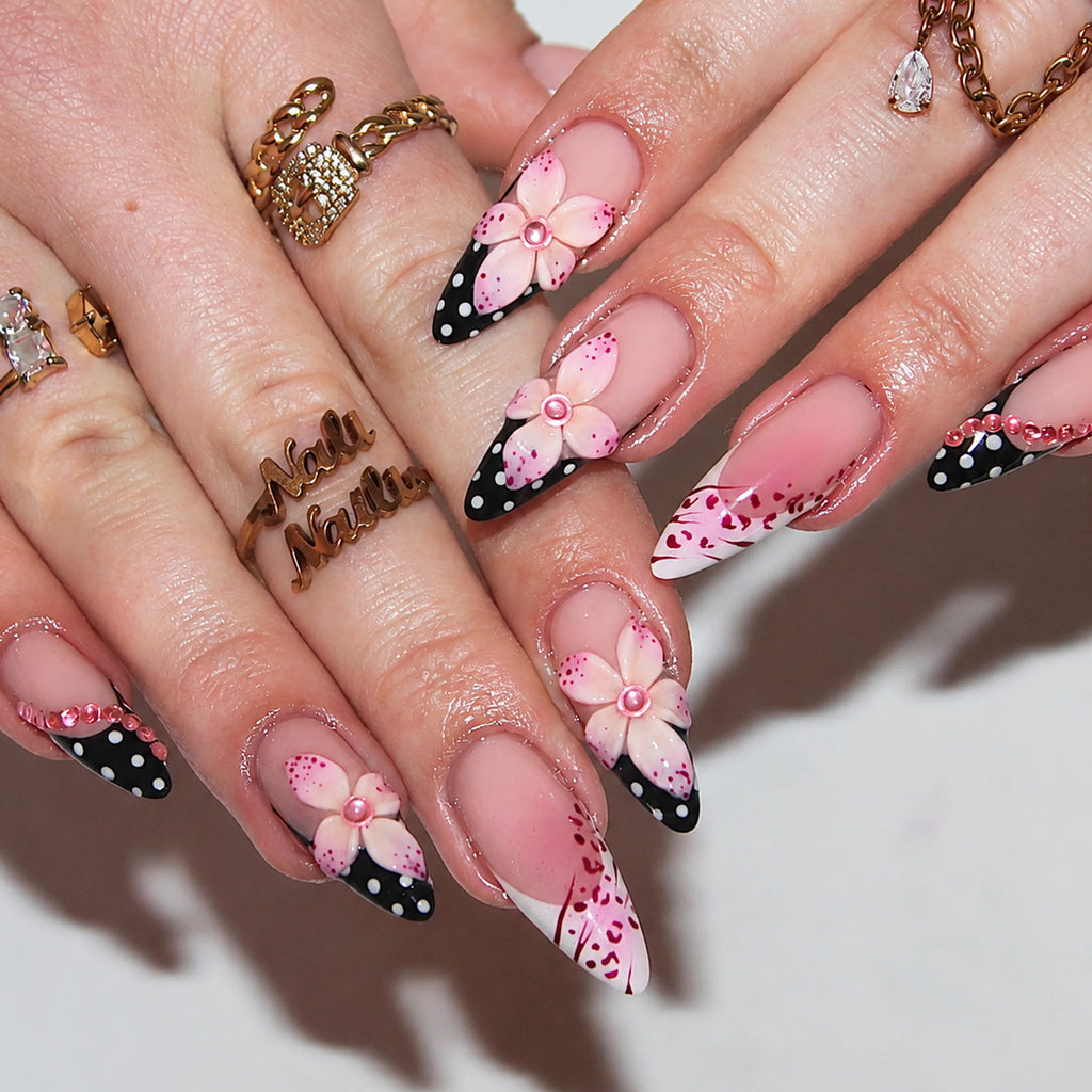 Long almond French polka dots press on nails