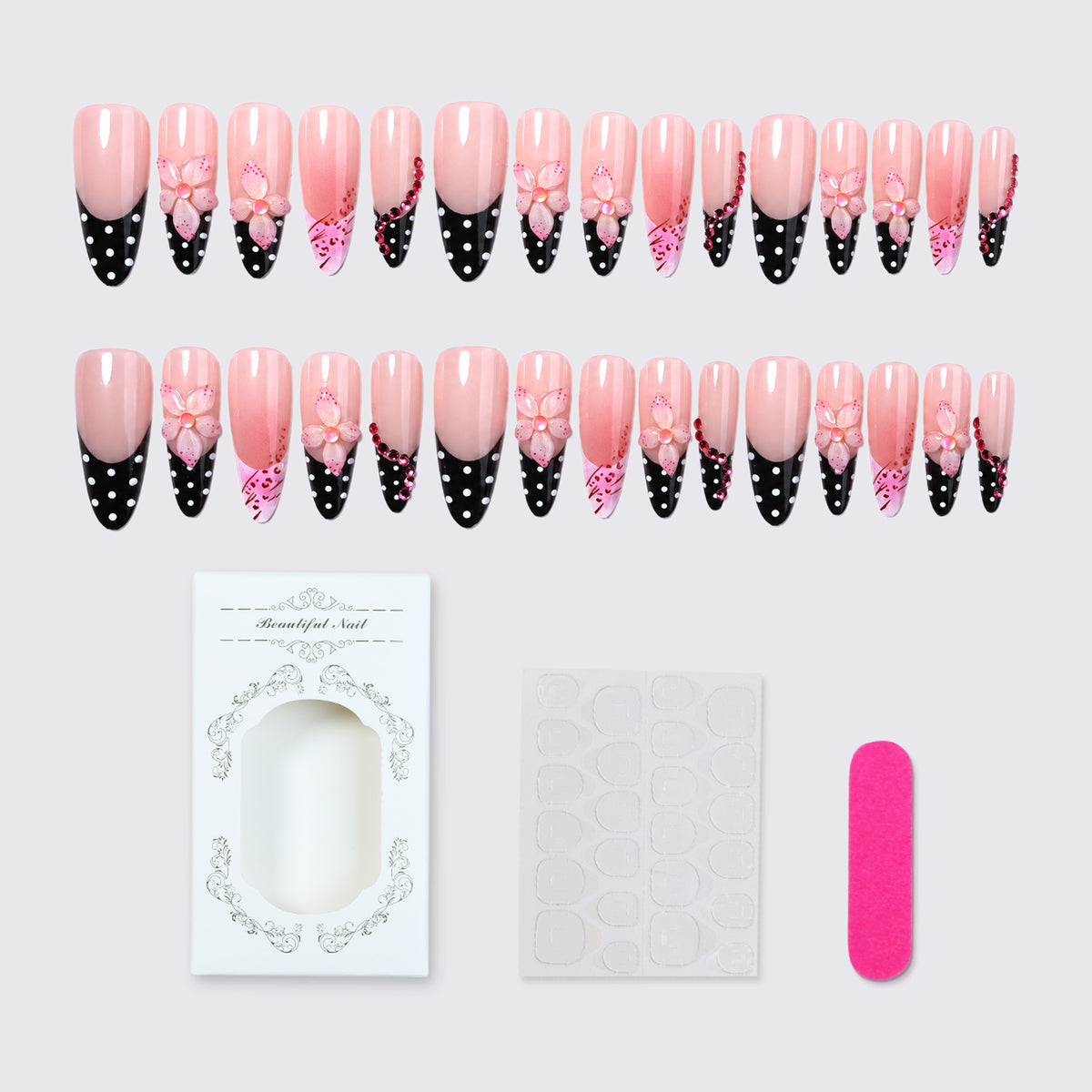 Long almond French polka dots press on nails
