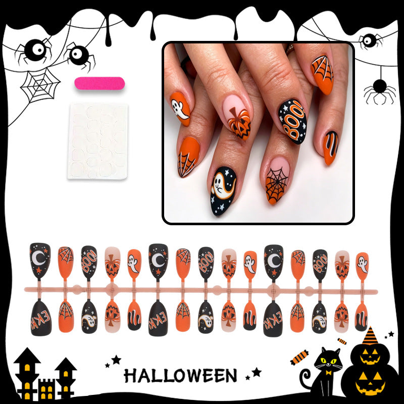 Matte Black Orange Pumpkin Ghost press on nails