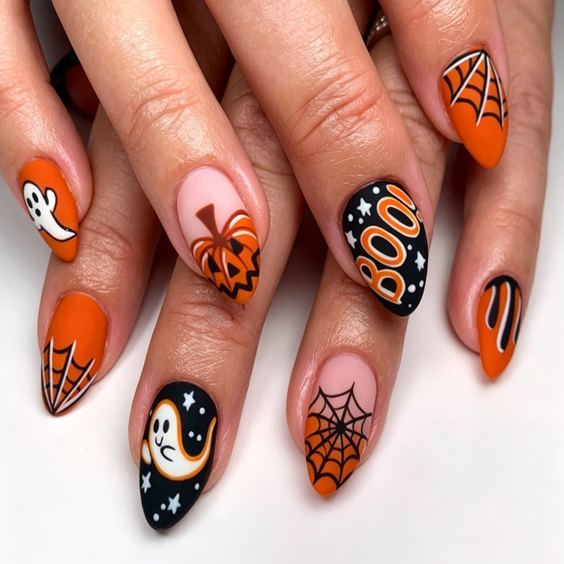 Matte Black Orange Pumpkin Ghost press on nails