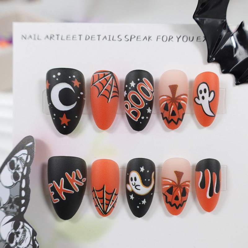 Matte Black Orange Pumpkin Ghost press on nails